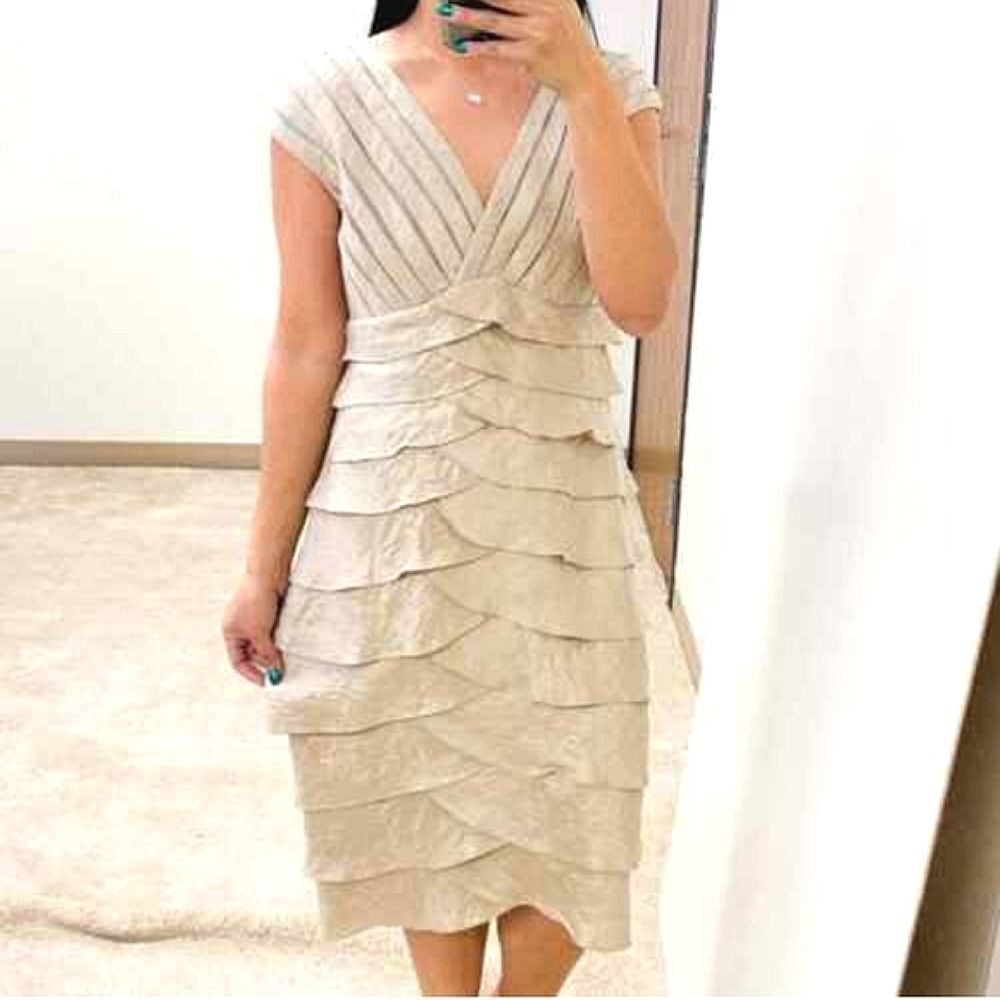 Adrianna Papell Silver Metallic Ruffle Tiered Cocktail Evening Dress Sleeveless - Picture 16 of 17